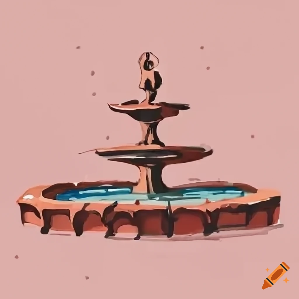 fuente de agua en una plaza con adoquines y árboles en flor