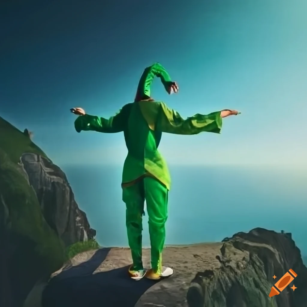 jester overlooking the world from a cliff