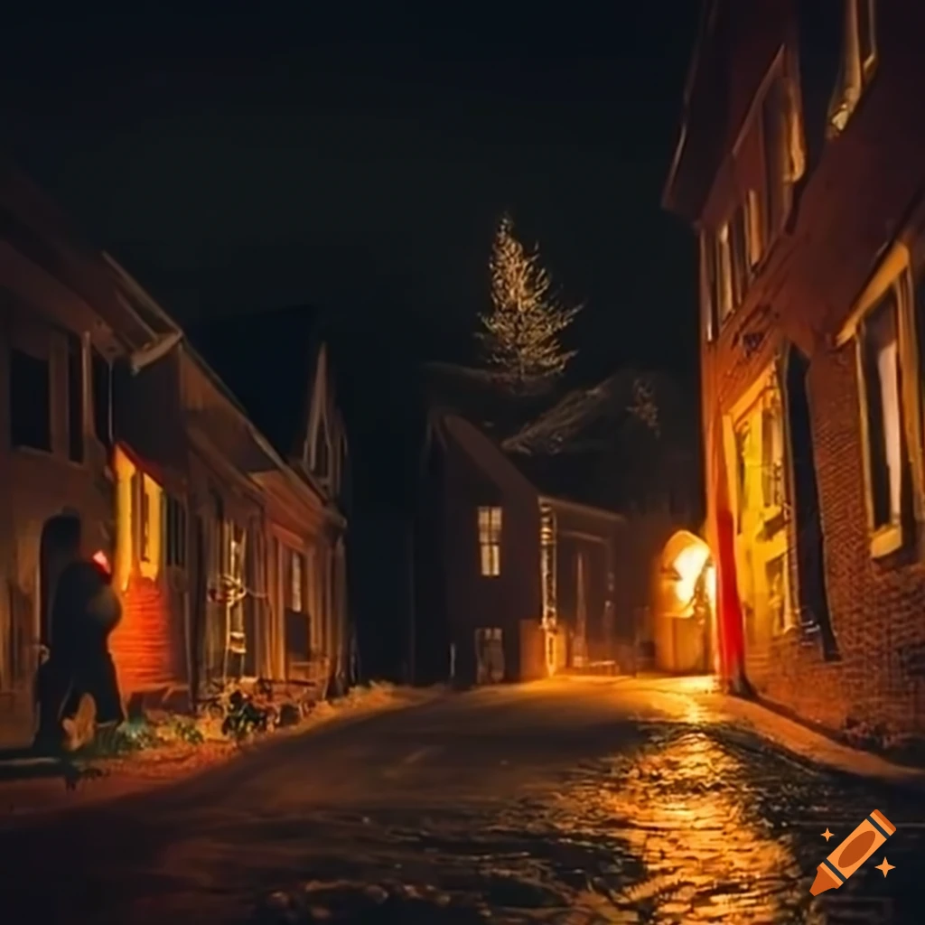 Spooky small town street on halloween night