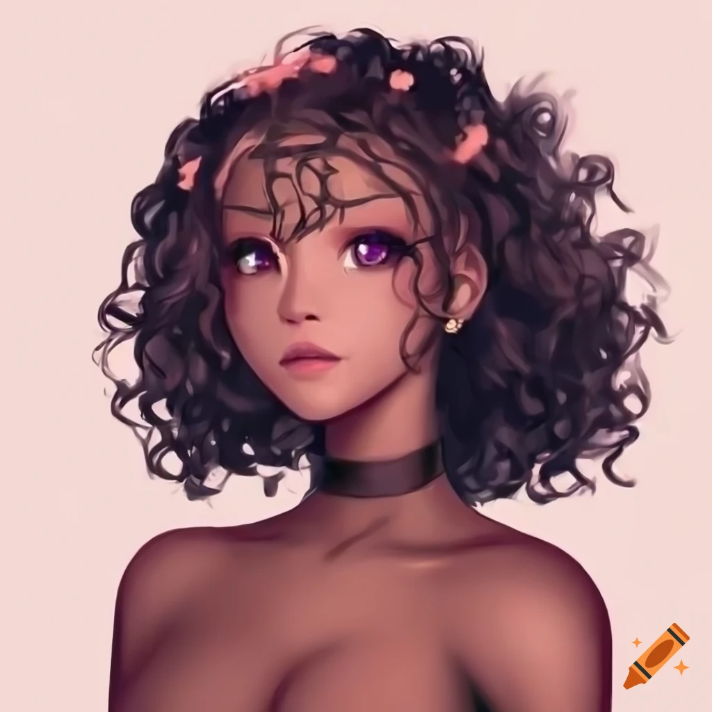 anime-inspired female character with dark brown skin and curly hair
