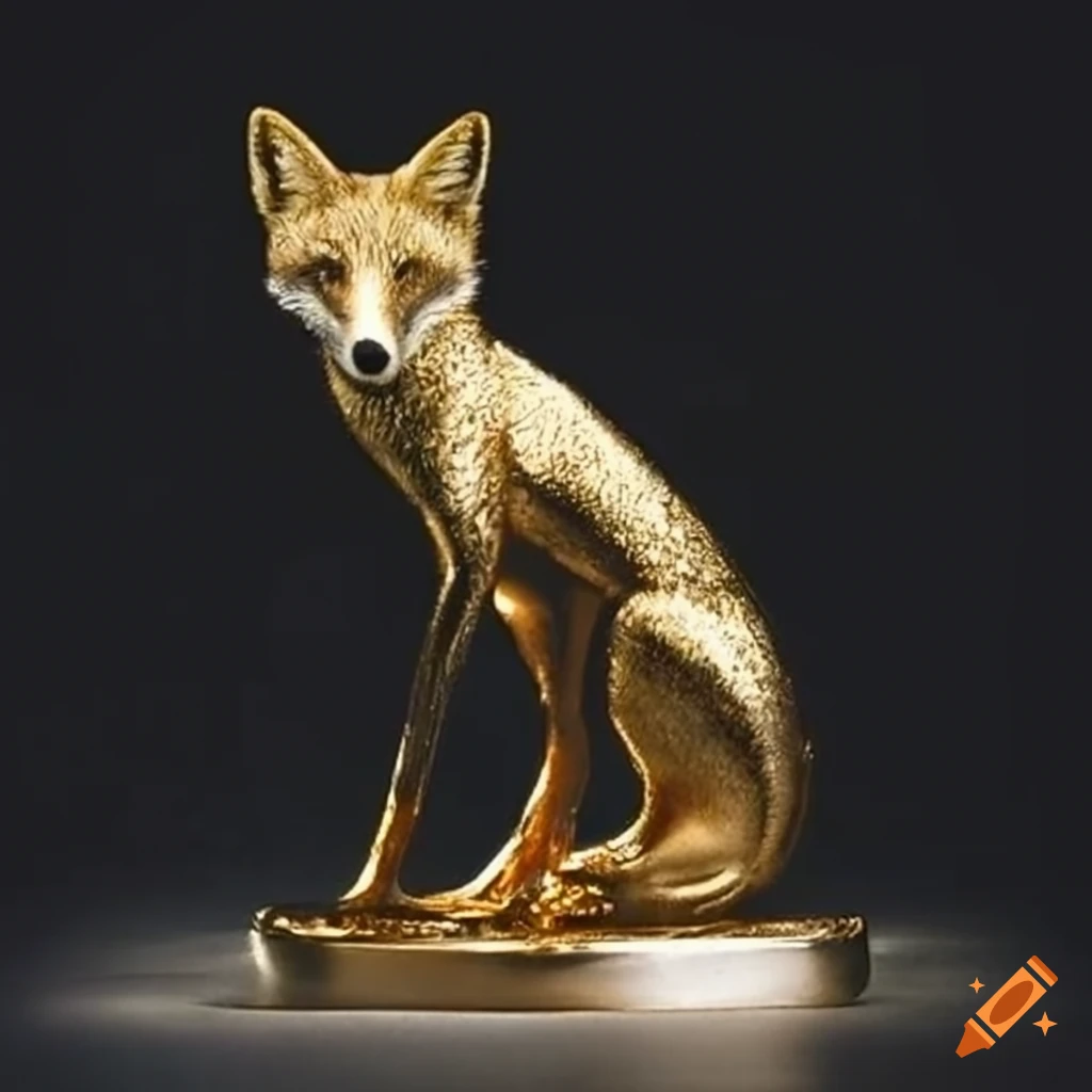 gold fox with emerald mice on a metal plate