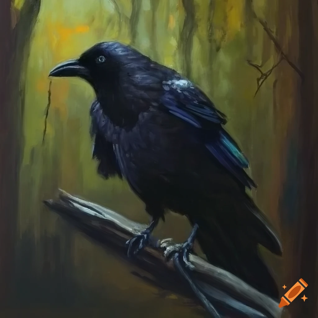 oil painting of a crow in a dark forest