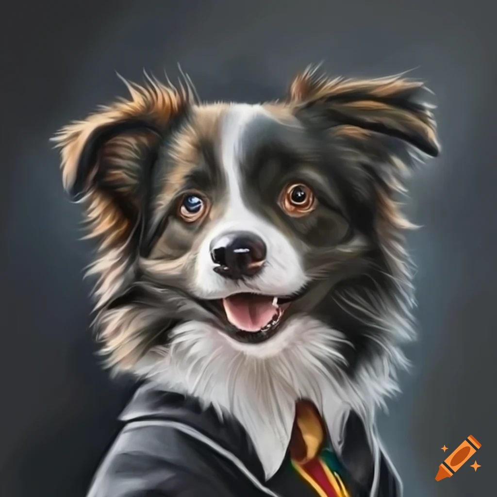 portrait drawing of a baby border collie in a Hogwarts uniform