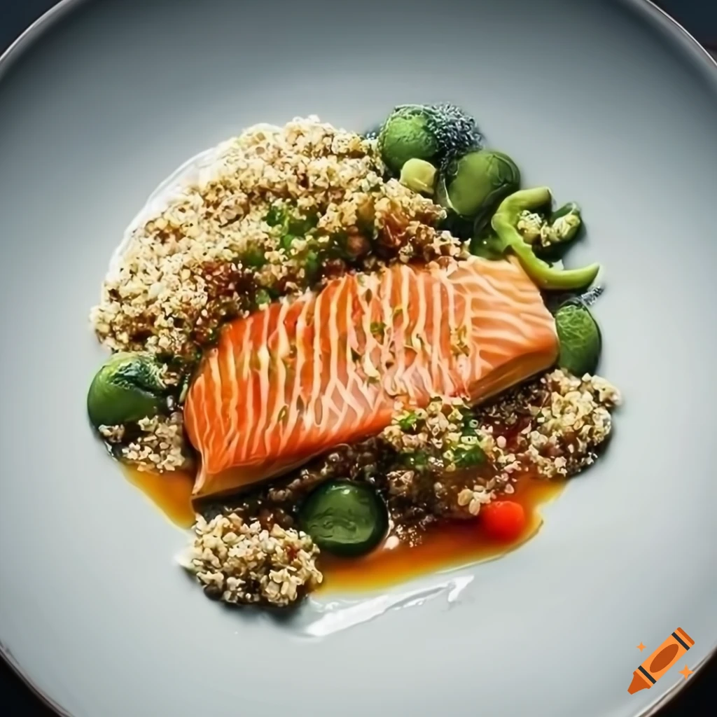delicious baked salmon fillet with crispy skin and steamed vegetables