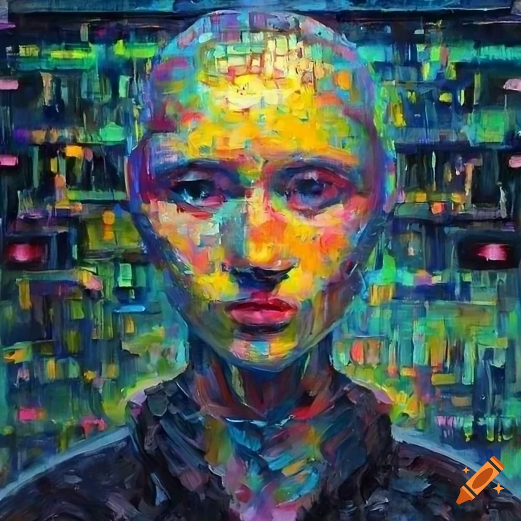 expressionist oil painting of a hacker with futuristic technology