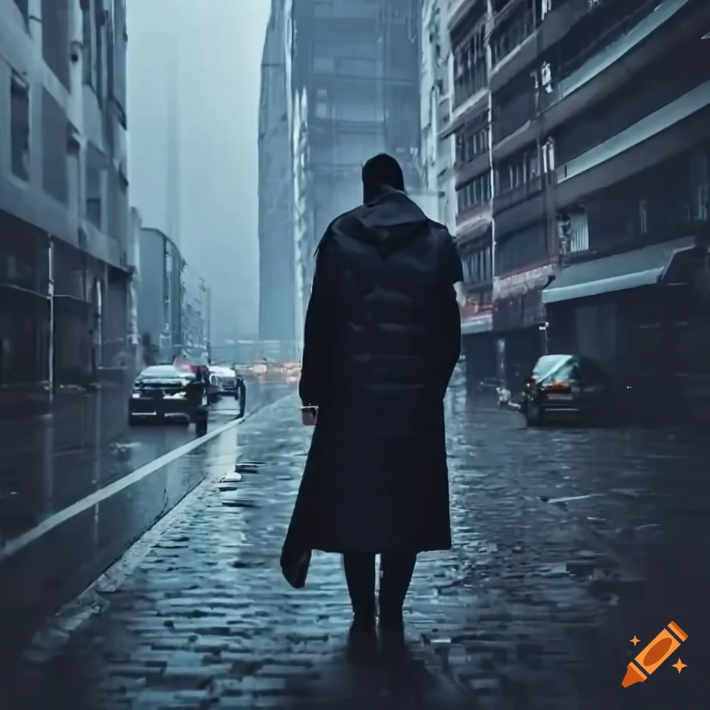 fashionable guy walking in the rain on a city street