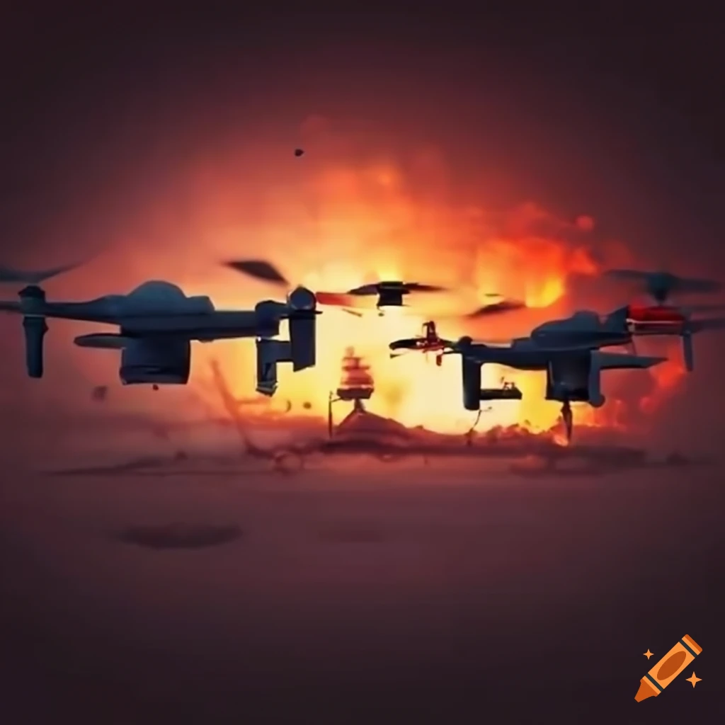 image of drones in the sky and explosive blast
