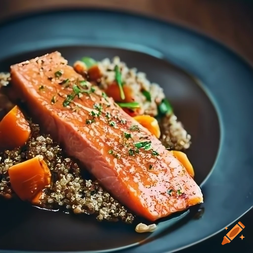 delicious baked salmon fillet with crispy skin and steamed vegetables