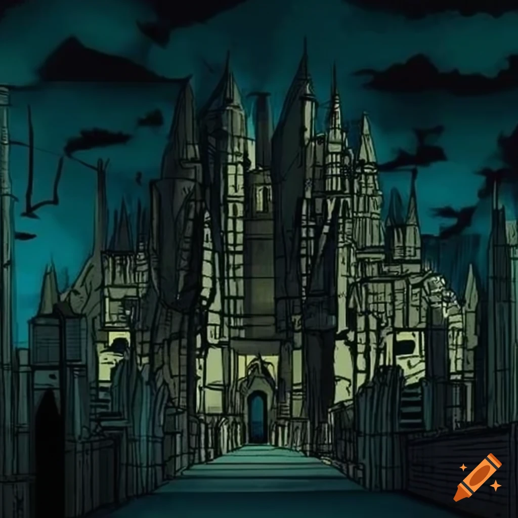 Comic-style illustration of a dark ancient city on Craiyon