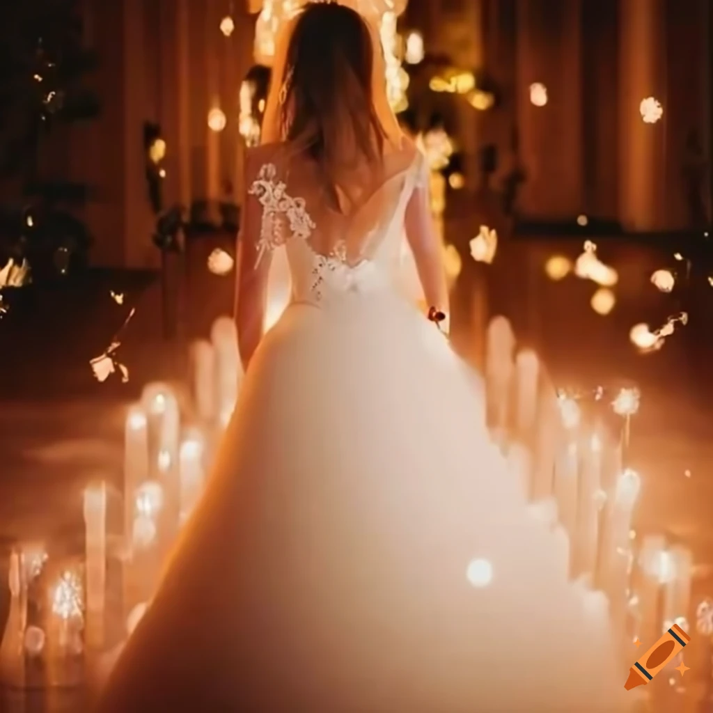 bride walking down the aisle with lights