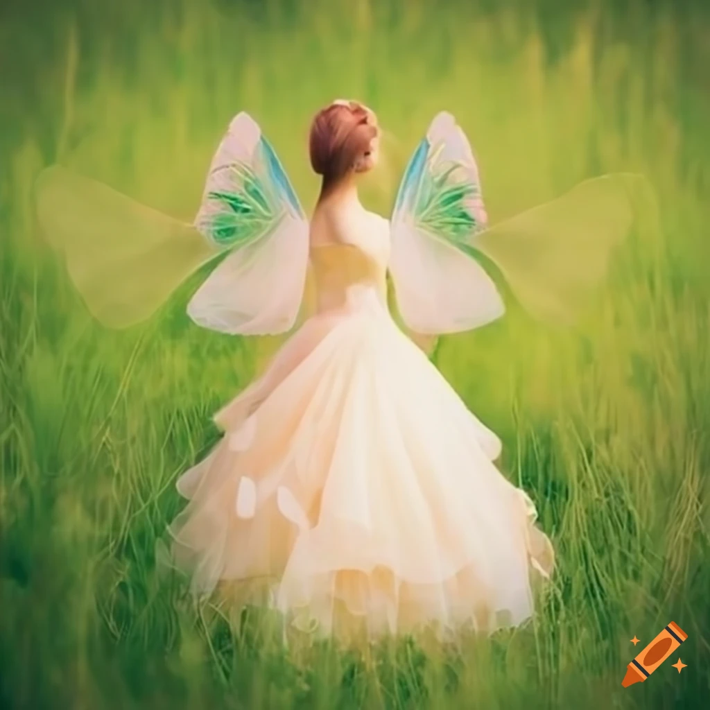 image of a fairy in a flower dress in a green field