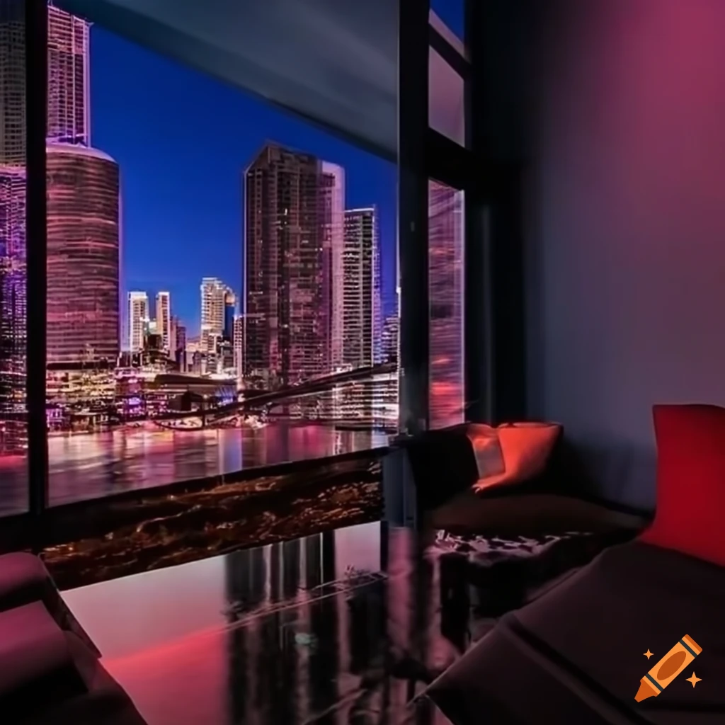 Luxury loft with floortoceiling windows and miami skyline view on Craiyon