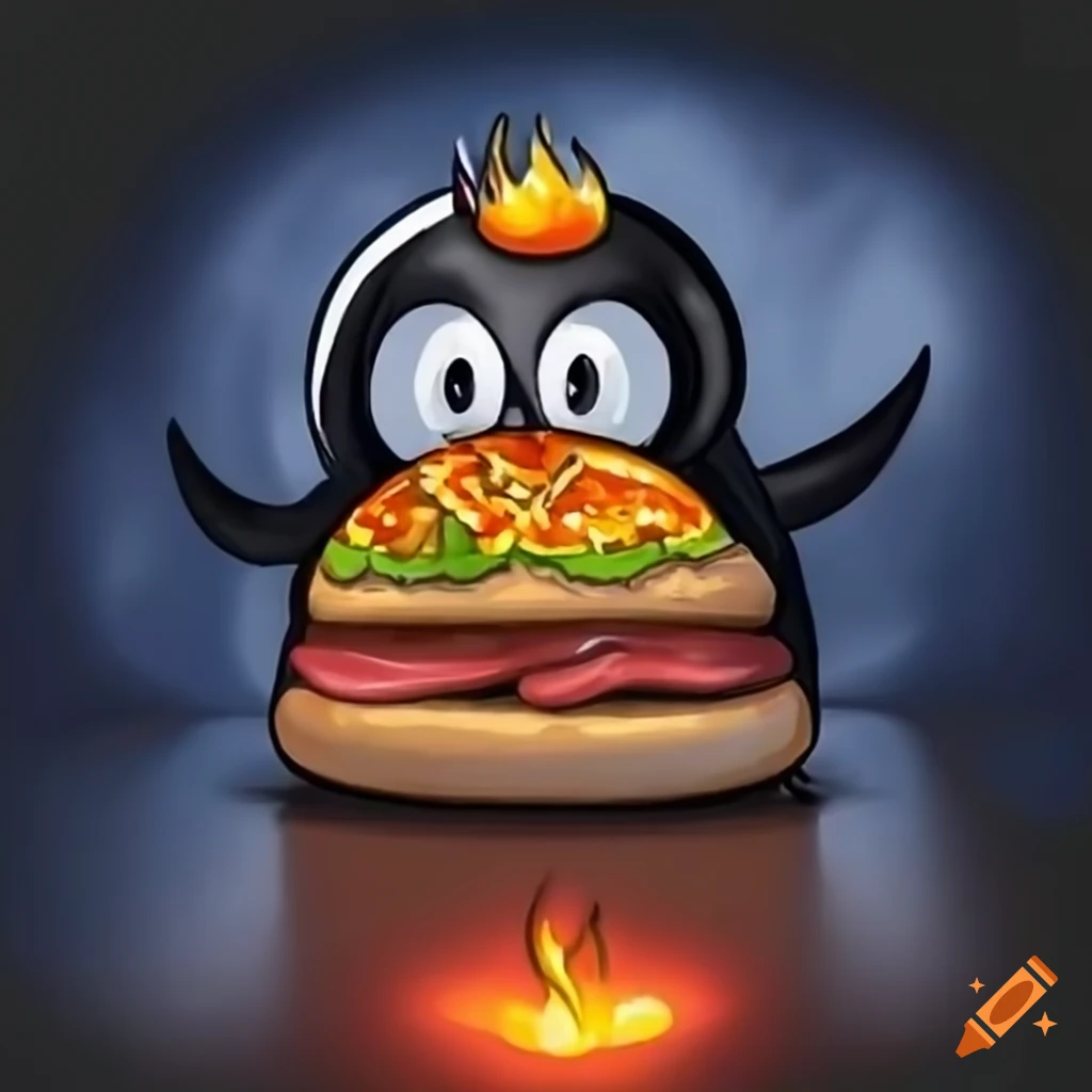 penguin holding a cheeseburger