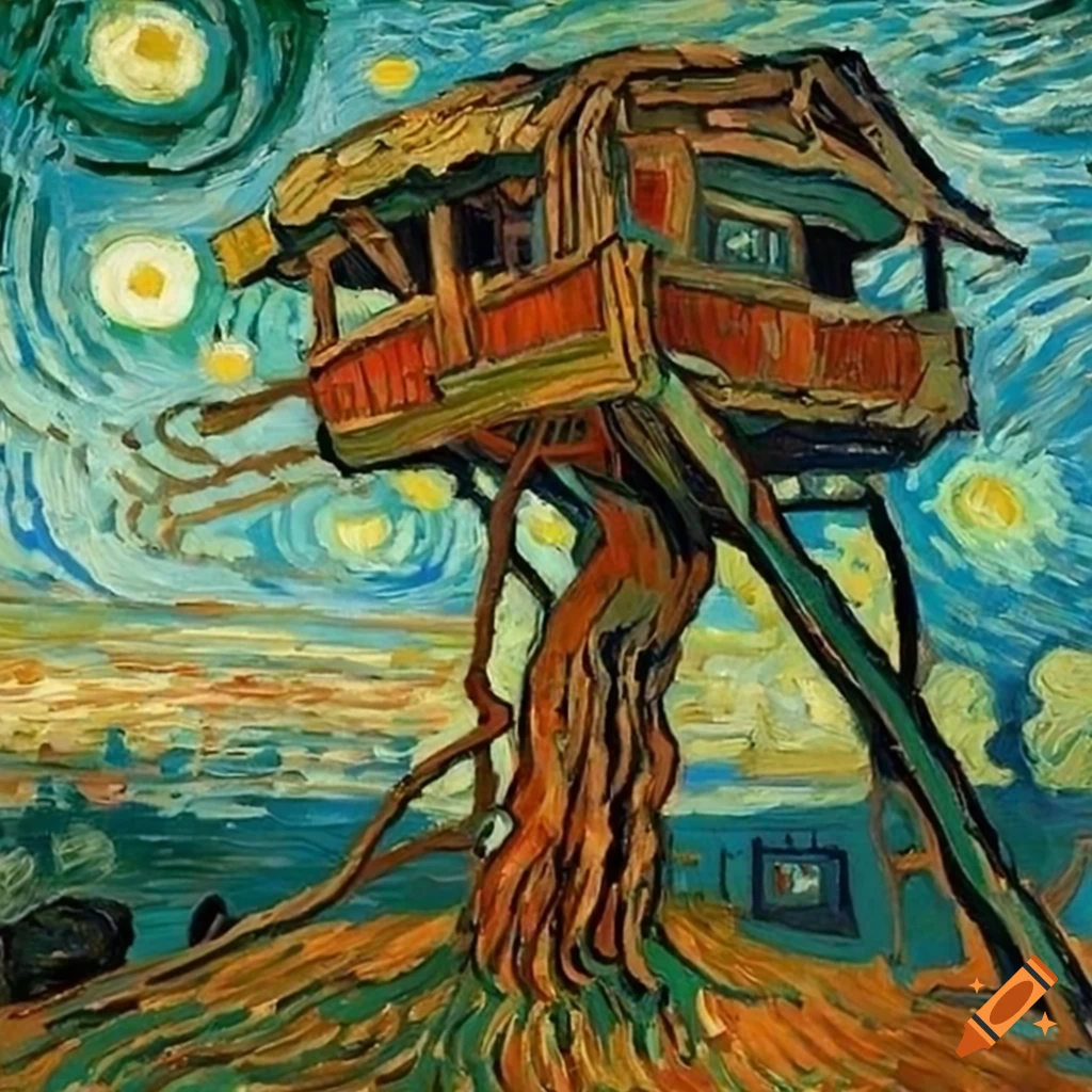 post-impressionist oil painting of a majestic treehouse