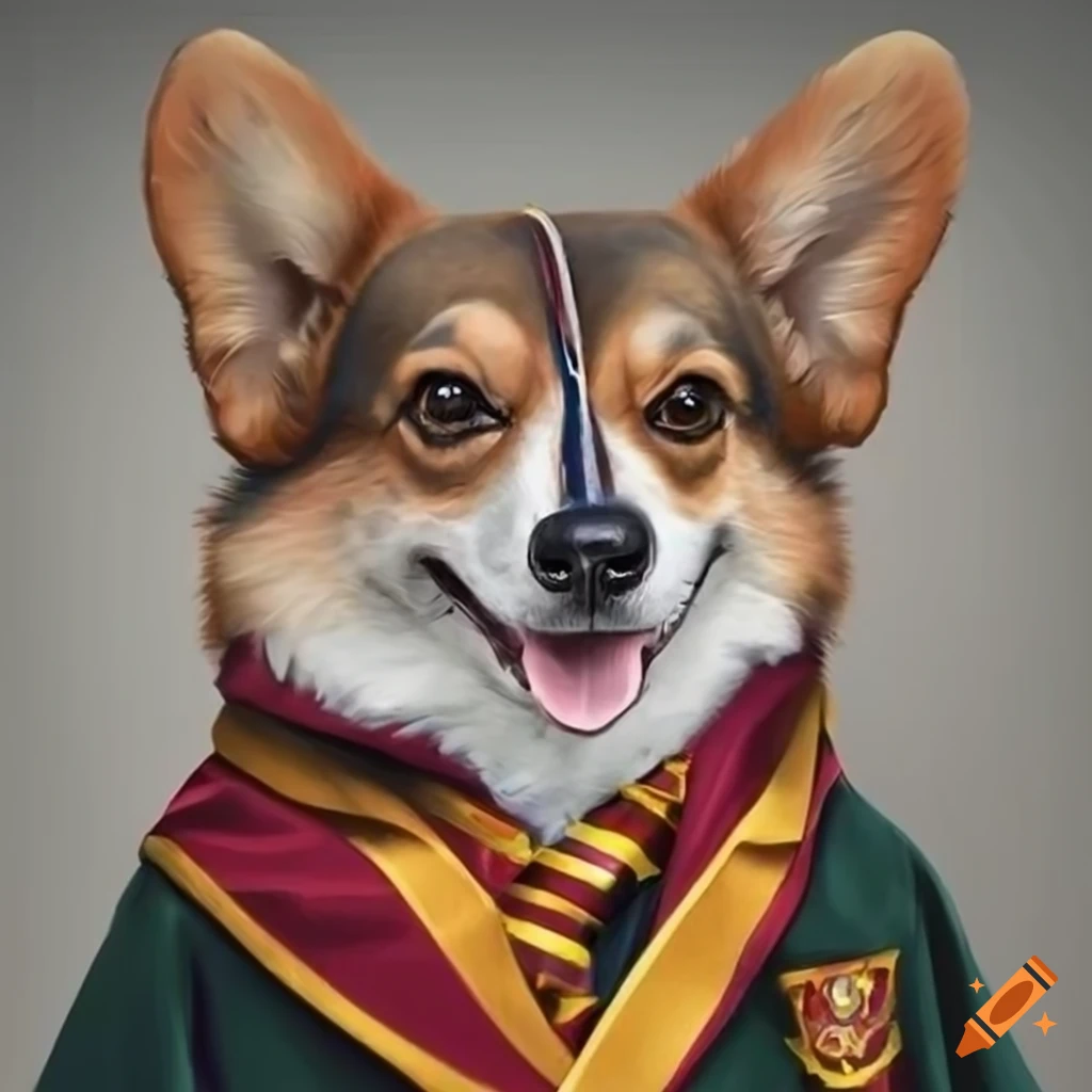 hyper realistic portrait of a Corgi in Gryffindor uniform