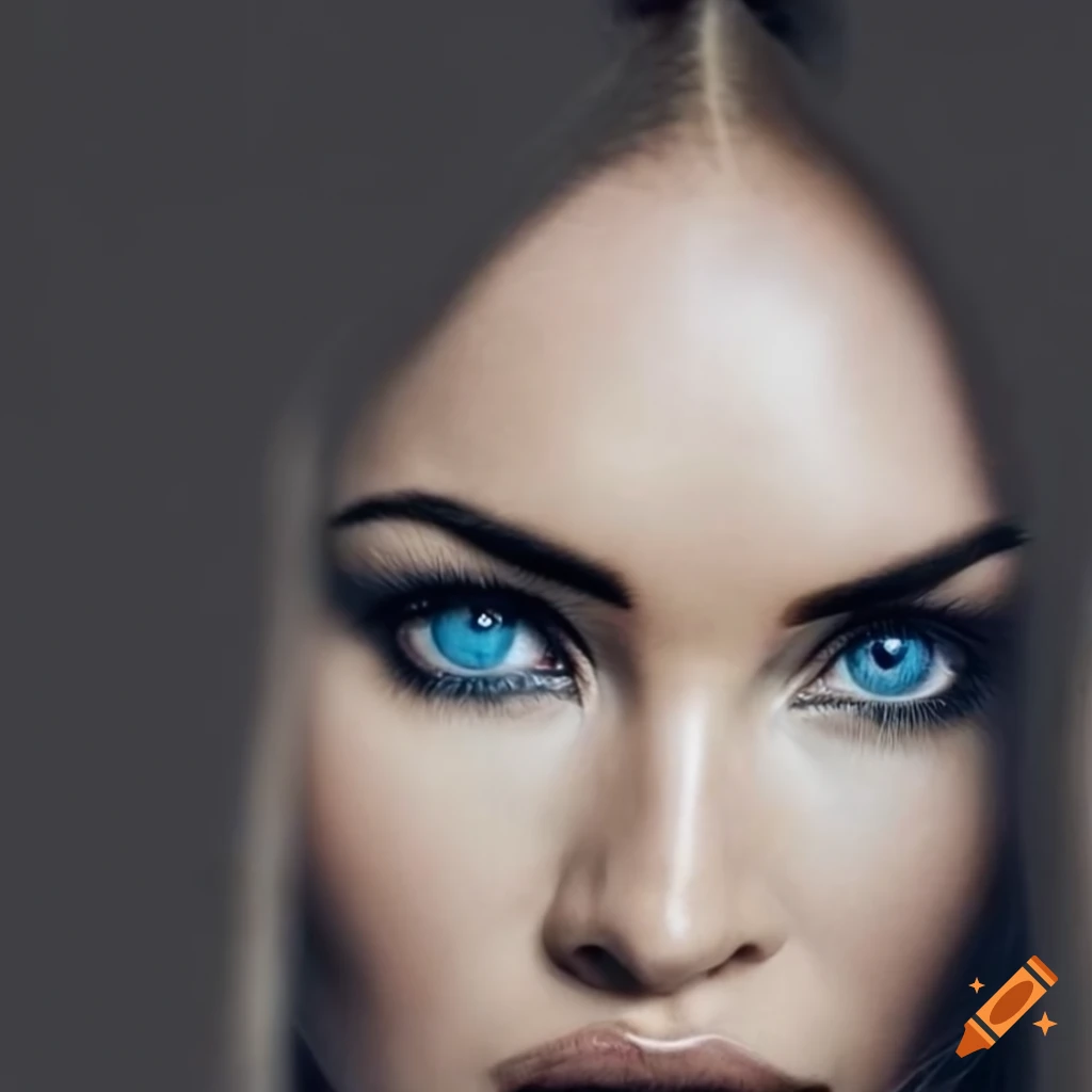 portrait of Megan Fox with striking blue eyes