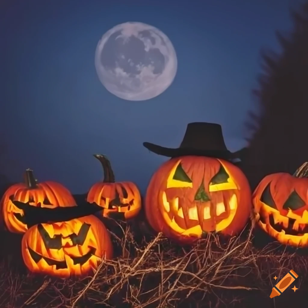 field of halloween pumpkins at twilight