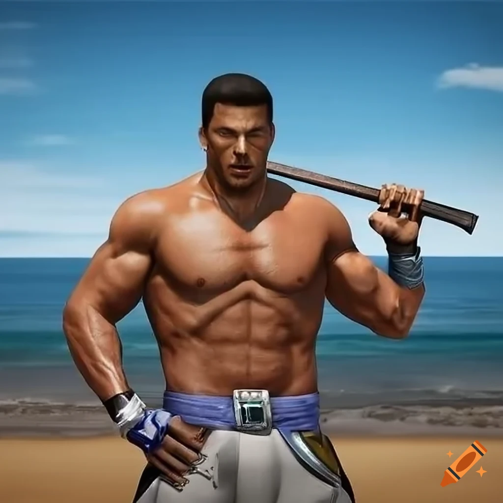 3D render of Johnny Cage and Kenshi on a beach