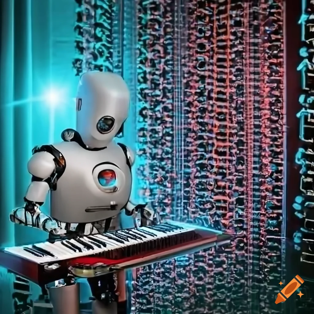 Synthesizer robot performing with illuminated machine on Craiyon