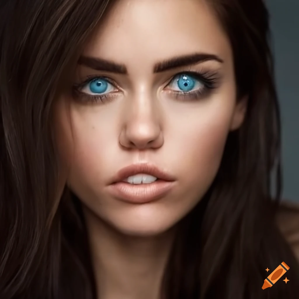 close-up of beautiful woman with tan skin and blue catlike eyes