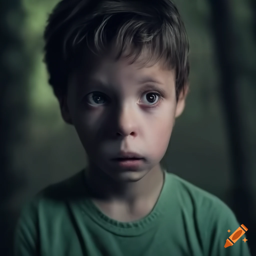 boy looking scared in a dark forest at night