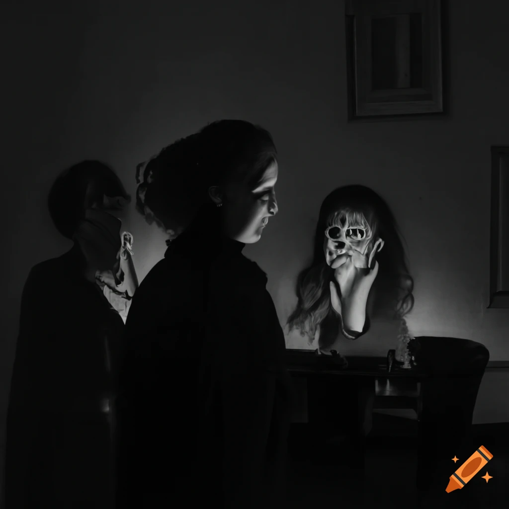 séance with four people and a ghost in the background