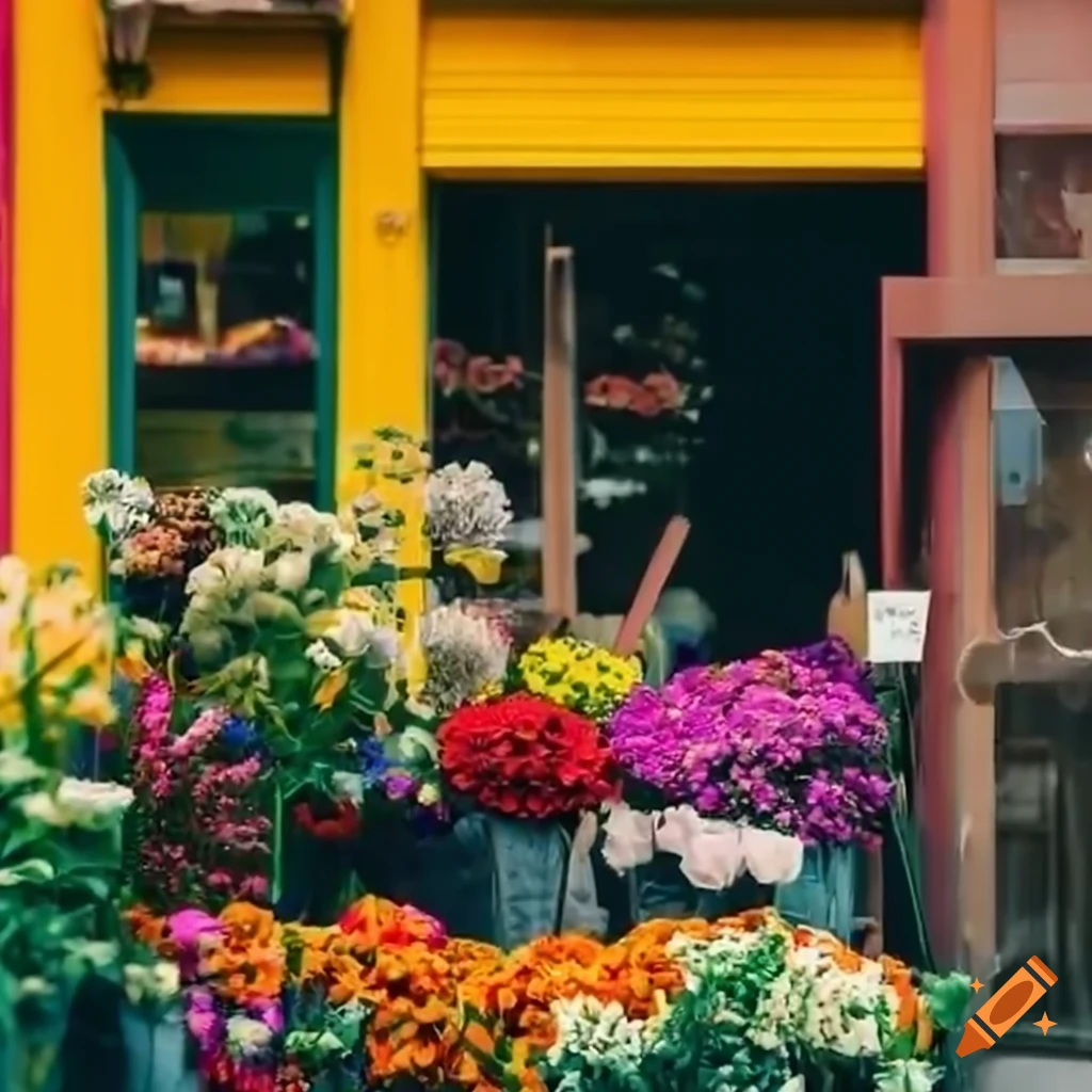 colorful flower shop display on a sunny day