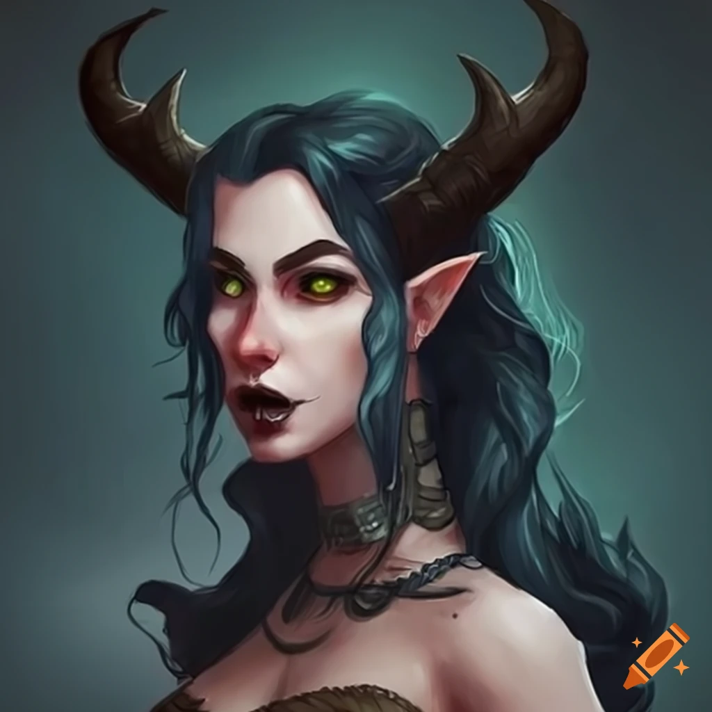 Character art of a thiefling woman with horns and black hair on Craiyon