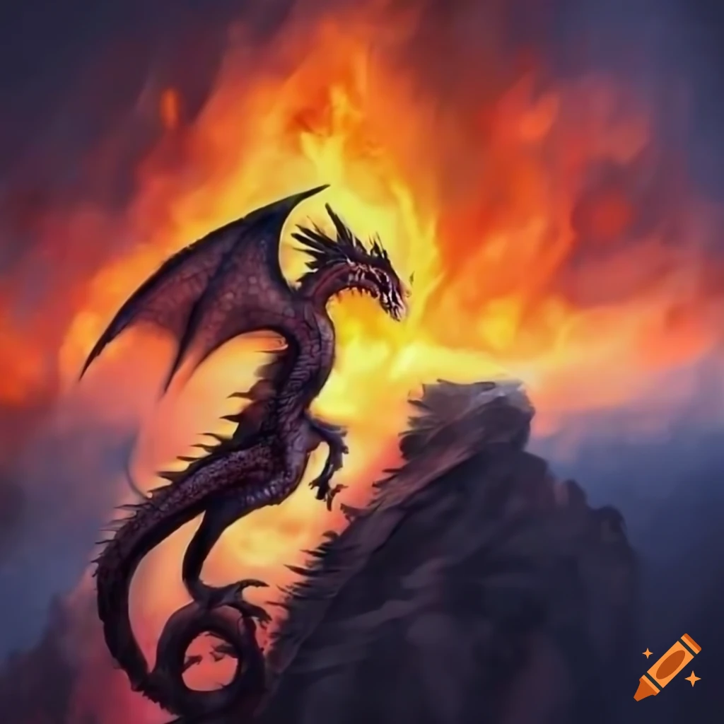 epic artwork of a dragon on a cliff in a fiery landscape