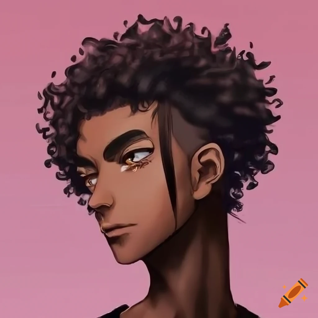 anime-style character with dark brown skin and curly hair