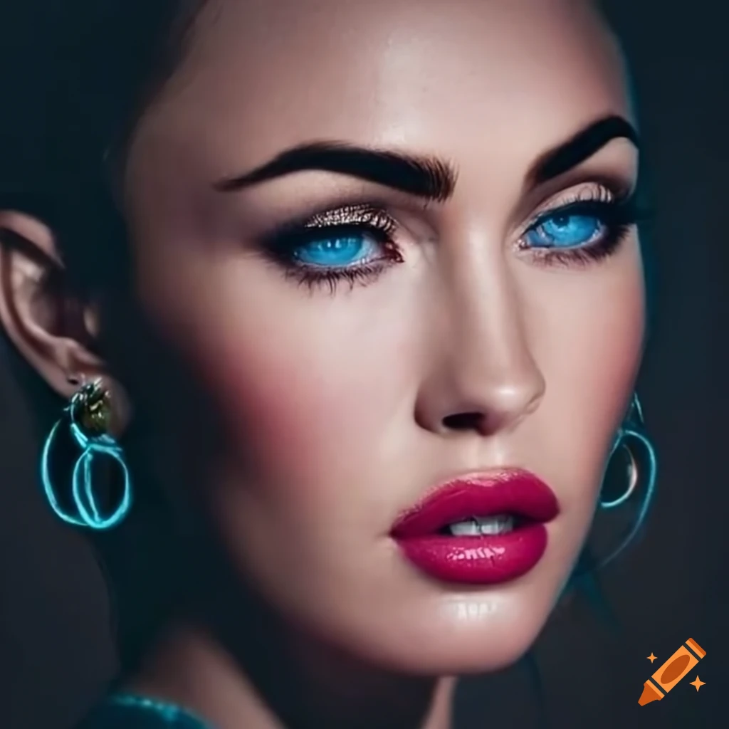 portrait of Megan Fox or Miley Cyrus with blue catlike eyes