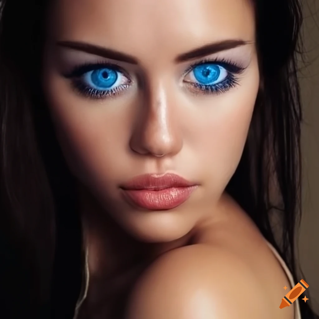 portrait of a beautiful woman with tan skin and blue catlike eyes