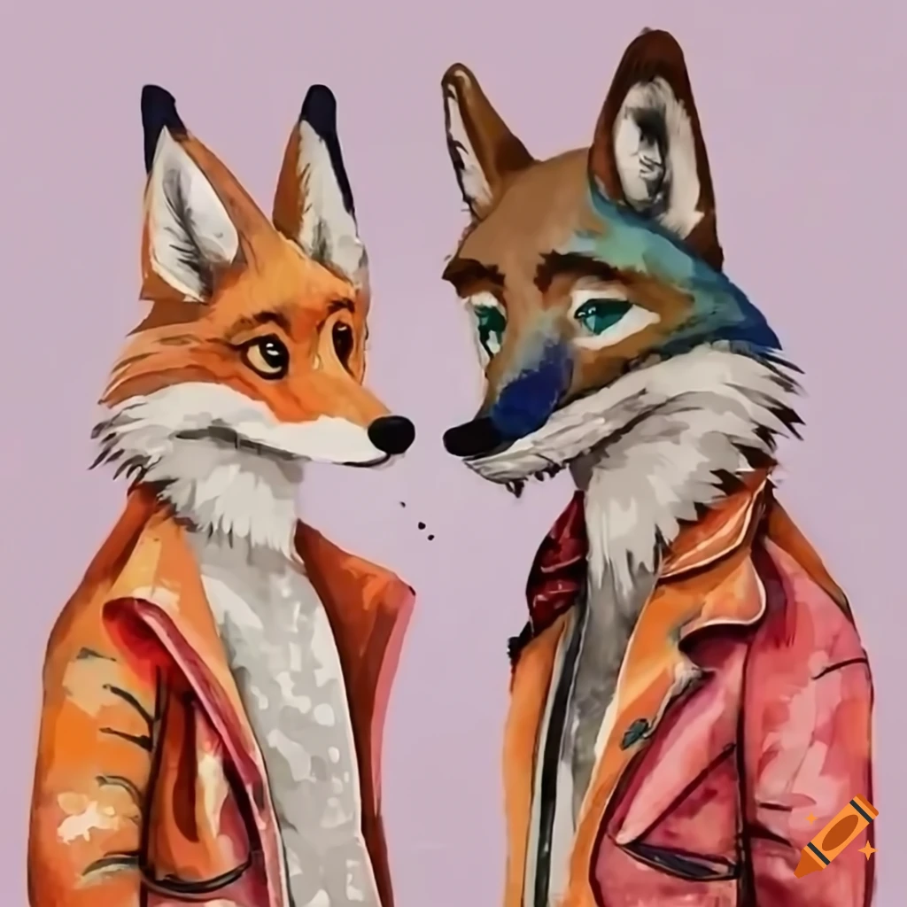 fashionable fox and coyote wearing jackets and jeans