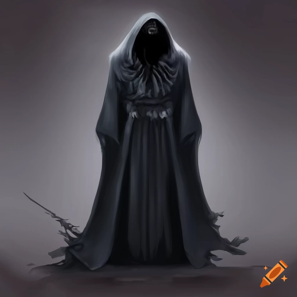 Menacing hooded figure in black robe illustration on Craiyon