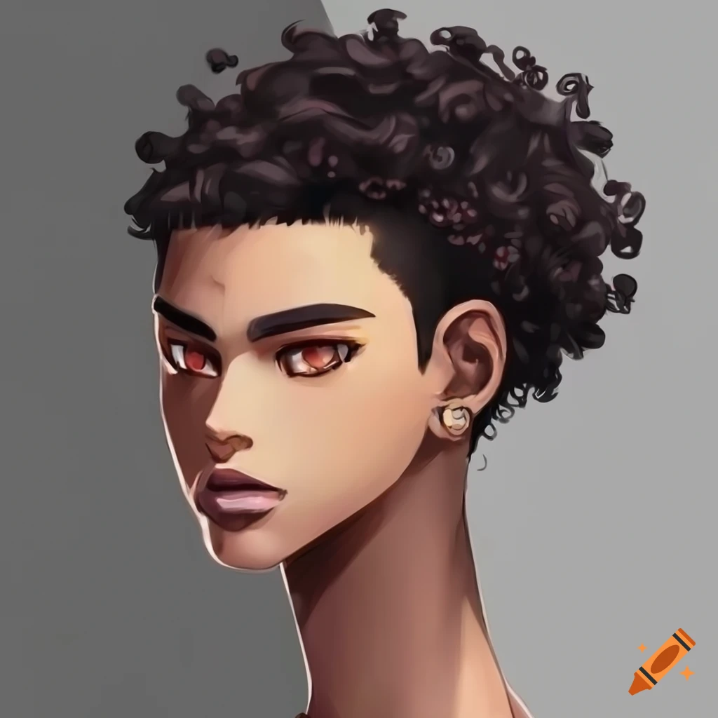 illustration of a male anime character with dark brown skin and curly hair