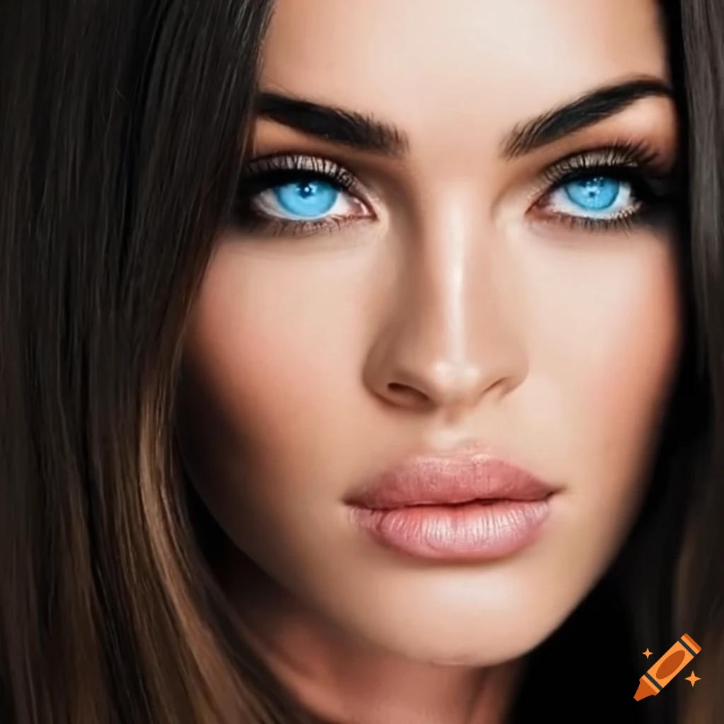 beautiful portrait of Megan Fox with blue catlike eyes