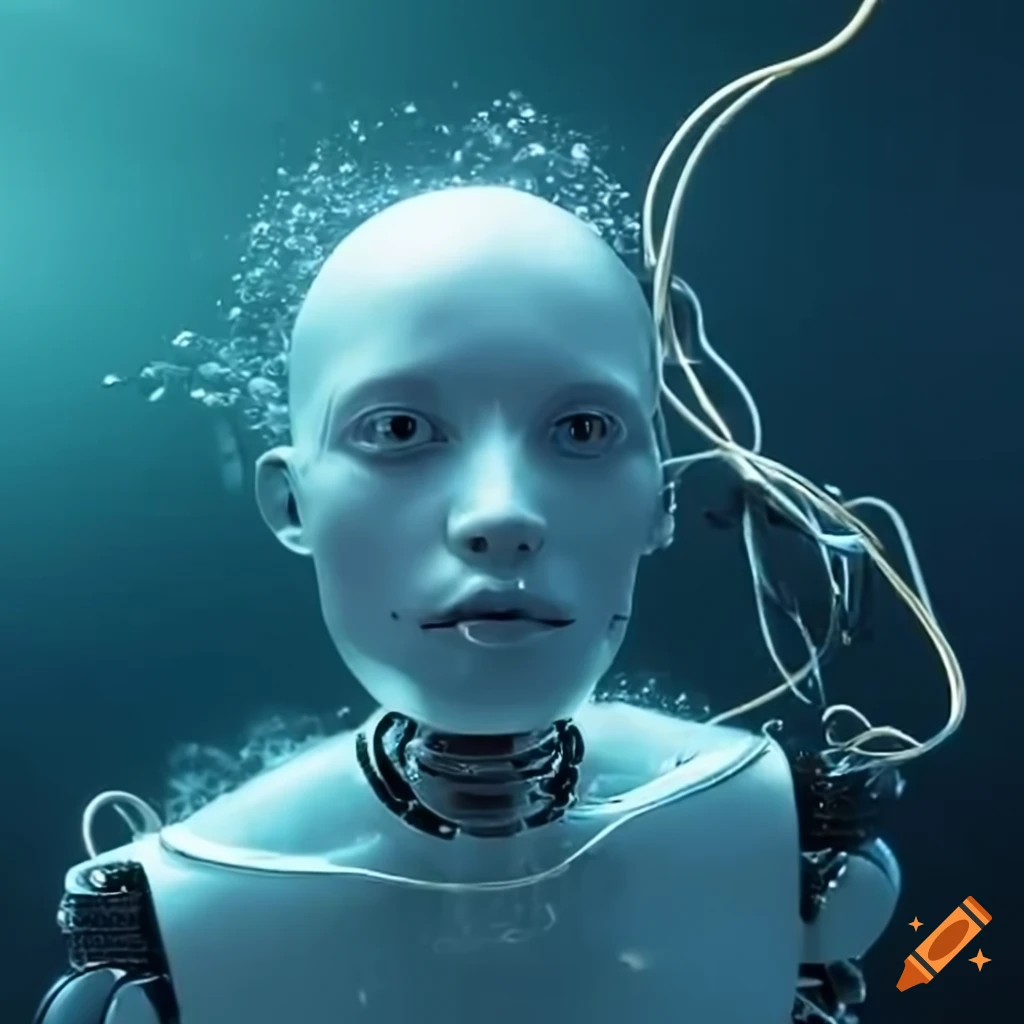 underwater scene with a robotic human and sparkling lights