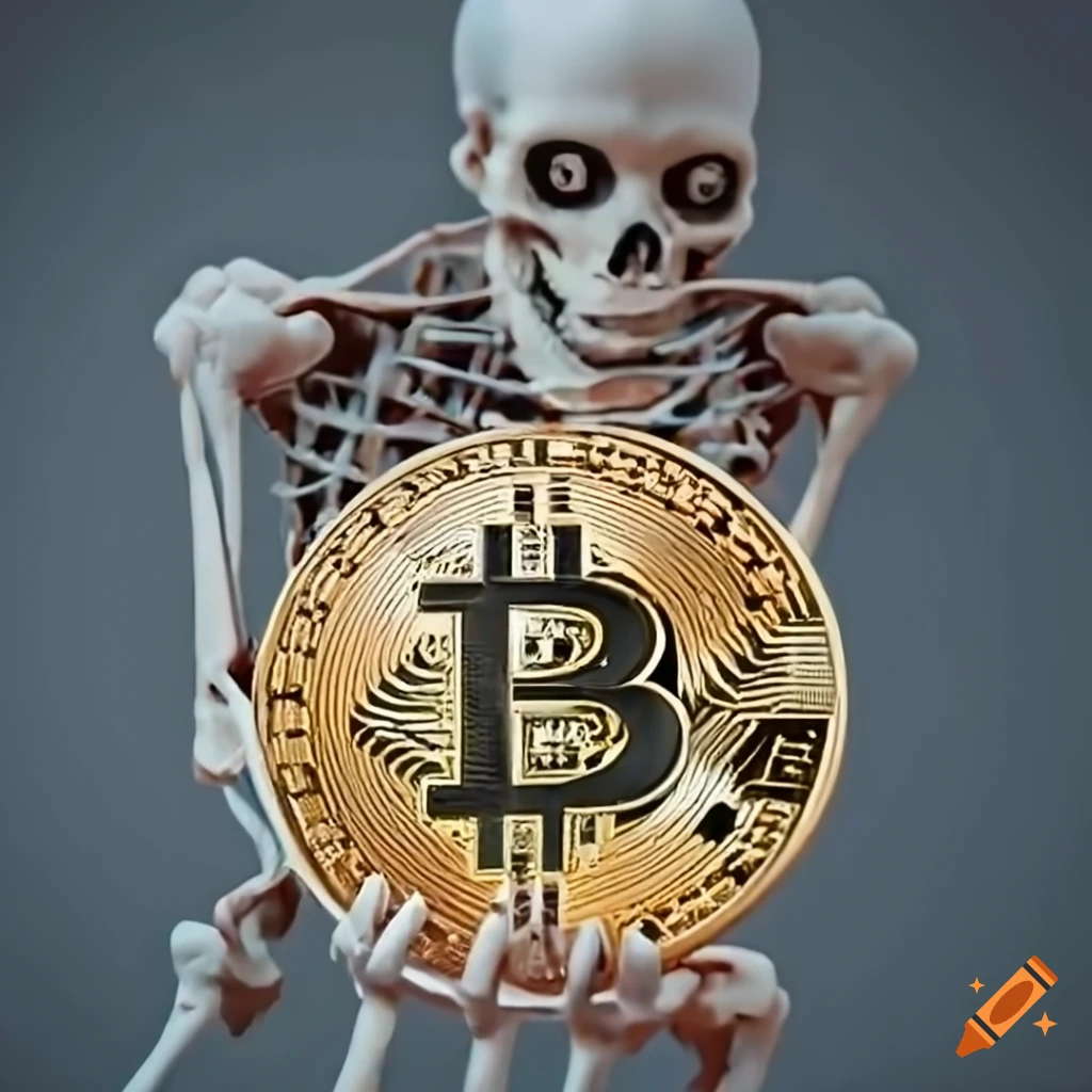Digital art of a skeleton holding a bitcoin on Craiyon