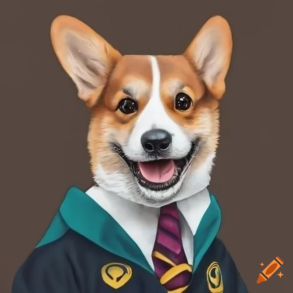 hyper realistic portrait of a baby corgi in Hogwarts uniform