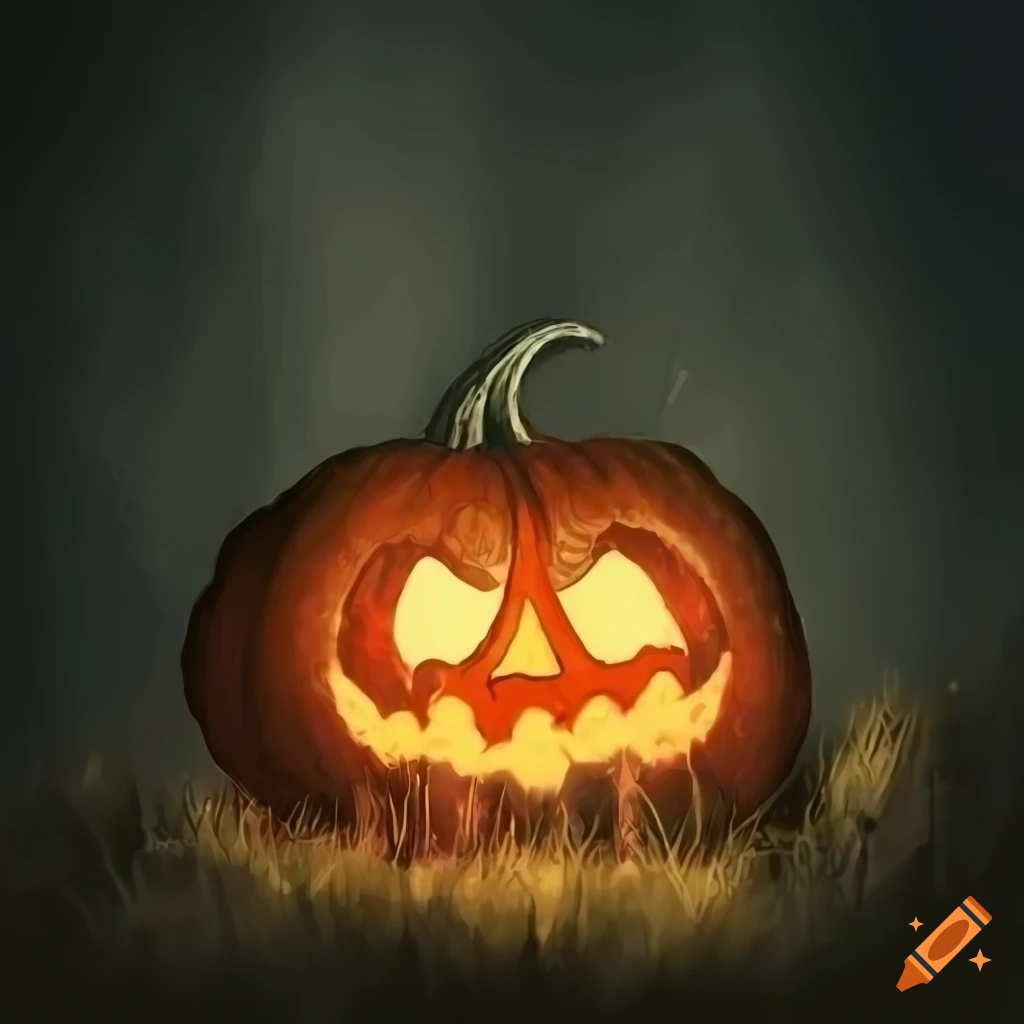 fantasy art of a living pumpkin in a dark field