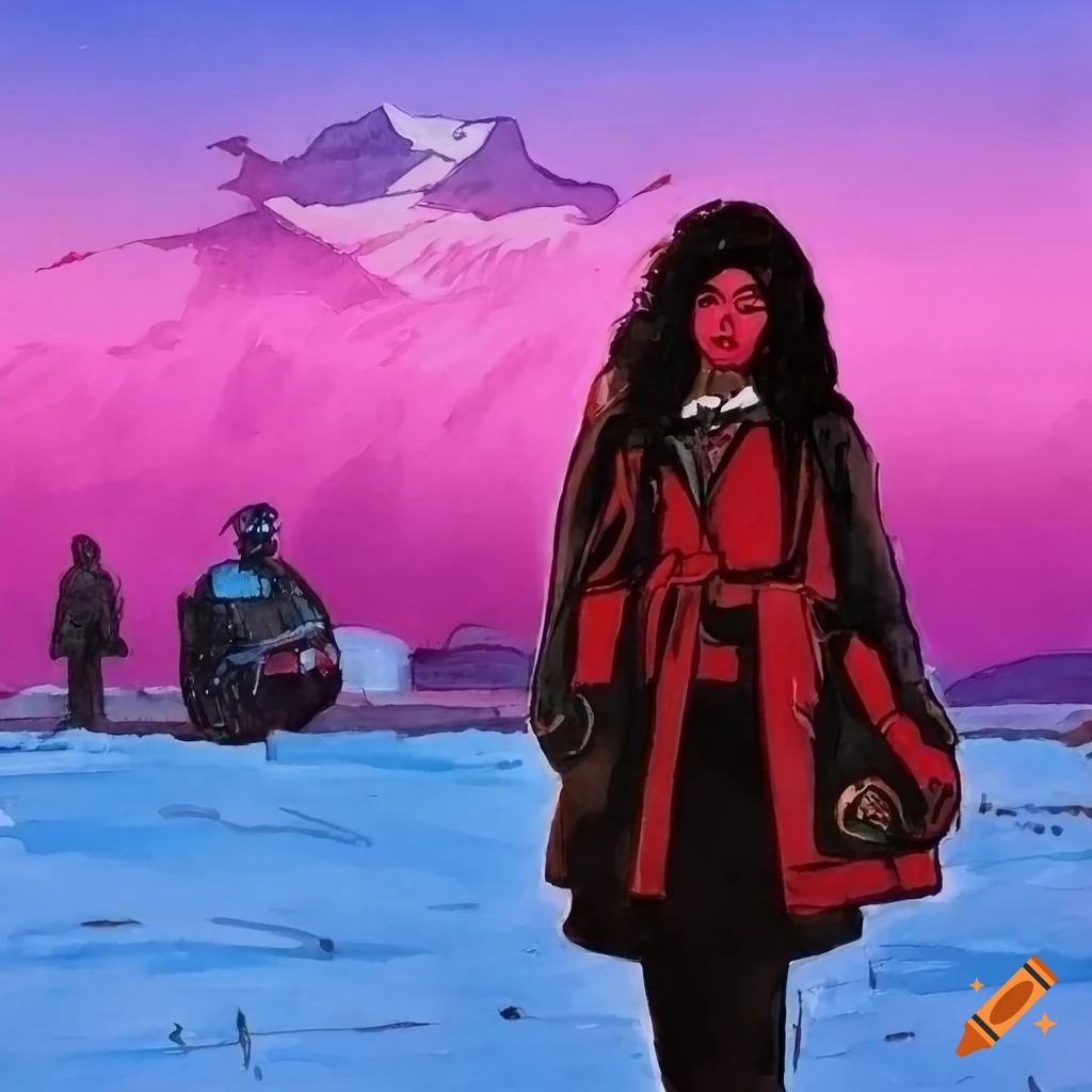 illustration of a black woman walking in a snowy dystopian landscape
