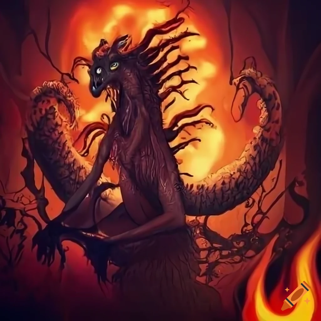 illustration of a mythical creature rising from the flames