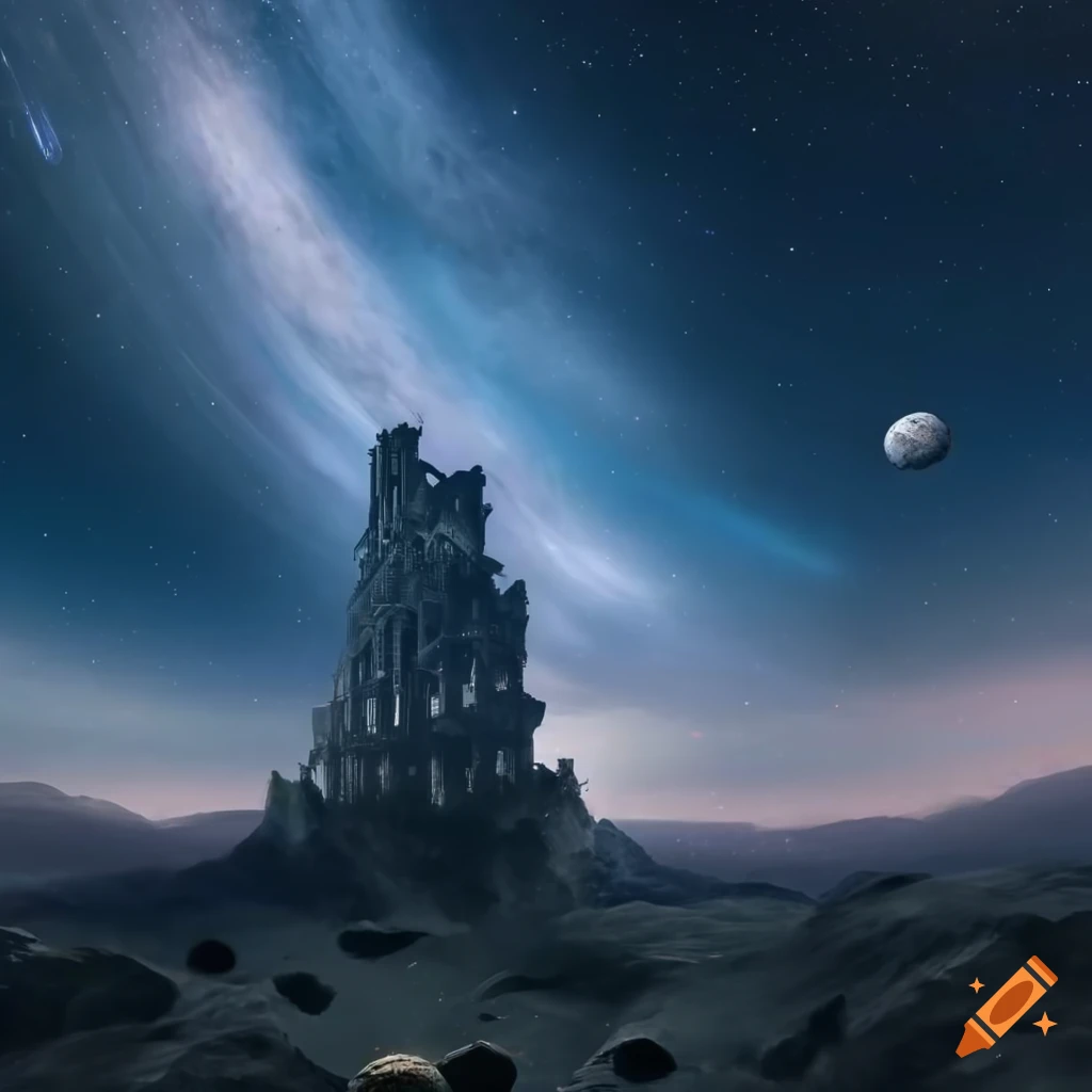 image of a medieval-style tower on an asteroid with a celestial background