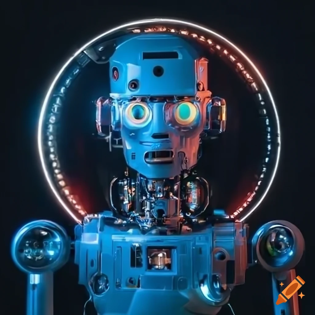 image of an illuminated robot and machine with lettered buttons