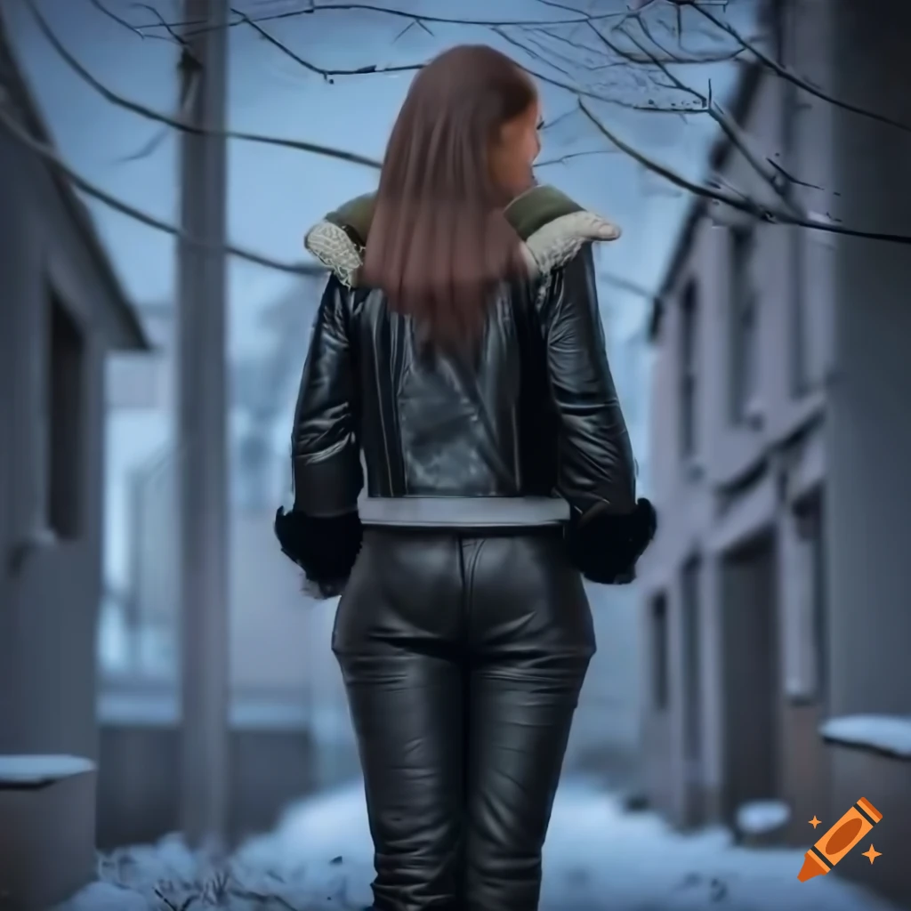 photorealistic image of a person wearing black sheepskin jacket and trousers