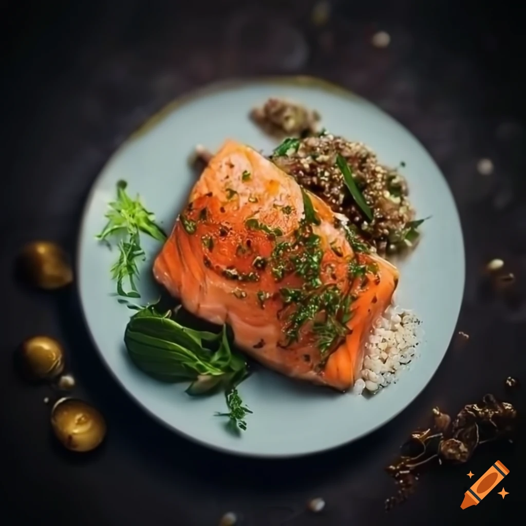 Delicious baked salmon fillet with crispy skin and steamed vegetables on Craiyon