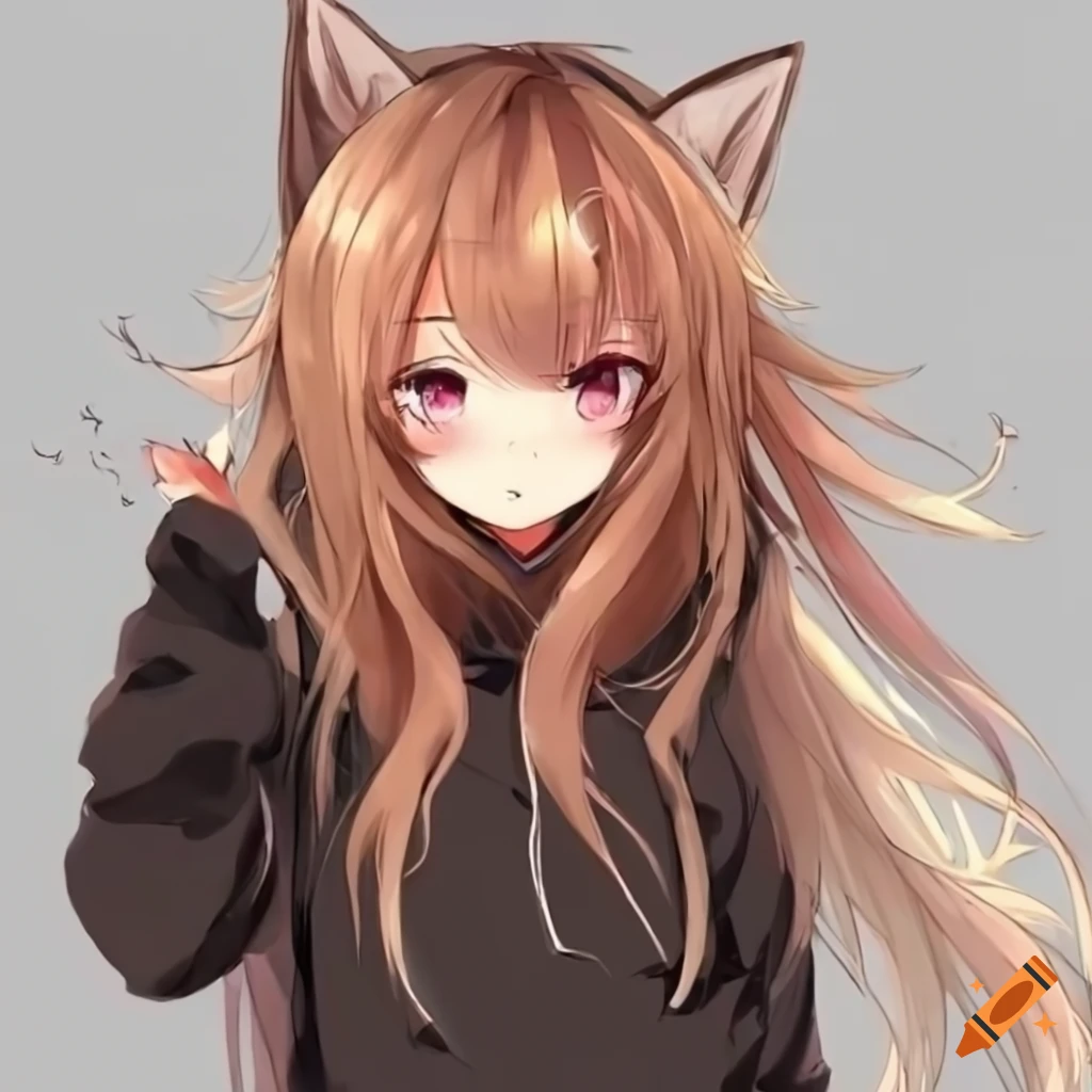 Fluffy anime fox girl with long brown messy hair on Craiyon