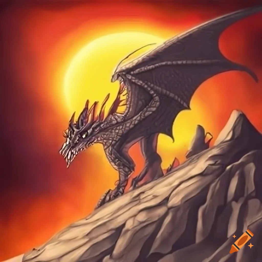 epic artwork of a dragon on a cliff in a fiery landscape