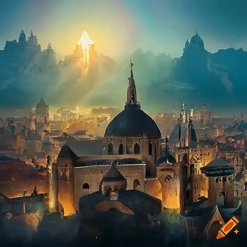 Aerial view of a medieval holy city on Craiyon