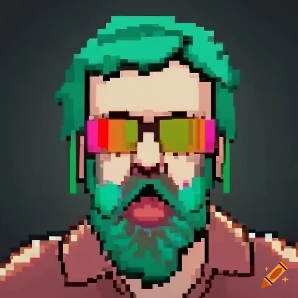 Pixel art of a man with pale beard in hotline miami style on Craiyon